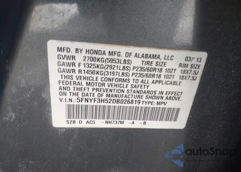 2013 Honda Pilot Ex-L from USA, damaged, VIN 5FNYF3H52DB026819